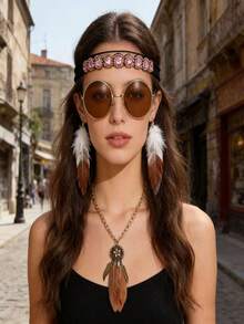 4-Piece Retro 60s Hippie Handmade Beaded Headpiece + Brown Glasses + Tassel Feather Earrings + Feather Necklace, 4-Piece Festival Party Costume, Bohemian Women's Role-Play Costume Accessories Masquerade Dress Set Small Gift. Halloween - Multicolor - View 3