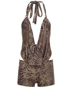 Women's Sexy Leopard Print Draped Halter Cami & High-Waisted Shorts 2-Piece Set For Nightclub & Party - Flower - View 6