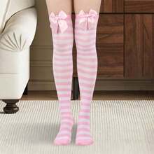 Women Thigh High Stockings Stylish Comfortable Striped Pattern Bow Decorative Socks For Daily Cosplay Party - Pink - View 6