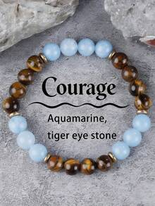 YAUKIA 1件天然海蓝宝石虎眼石手链，寓意保护、好运，男女皆宜，弹力材质，适合日常佩戴 - 彩色 - 查看 7