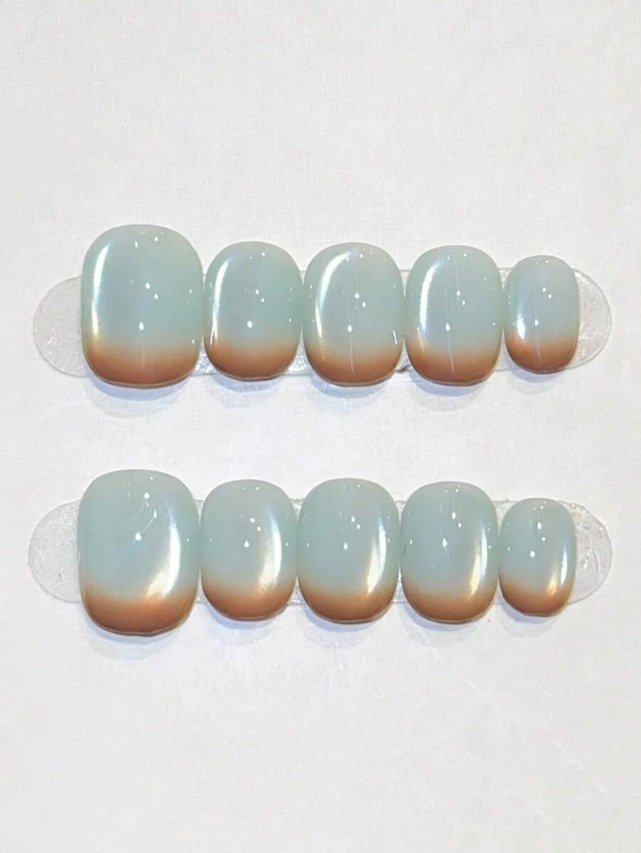 10pcs Handmade Oval Short Nail Stickers, Transparent Mint Green Cat Eye Base Gradually Transitioning To Warm Caramel Brown, Blending Of Cool And Warm Tones, Soft And Elegant Cute Nails Suitable For Ladies, Girls, Spring, Summer, Autumn, Winter, Holidays, Parties, Daily Life - Mint Green - View 1