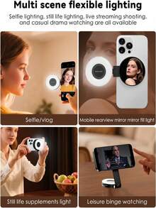 Spiegel-Handy-Fülllicht, magnetisches Selfie-Fülllicht, kompatibel mit iPhone, 360° LED-Selfie-Ring-Fülllicht mit Klebering, geeignet für Selfie-Fotografie, Videoanrufe, Videokonferenzen, Taschen-Fülllicht, Videokonferenz-Fülllicht mit Handy-Clip, 3 Beleuchtungsmodi, wiederaufladbar, kompatibel mit Laptop/Handy/Tablet/Videokonferenz/Make-up, geeignet für Selfie und Live-Streaming - A - Übersicht 6