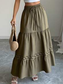 女士休闲A字法式蕾丝边抽绳腰白色长裙，适合夏季度假和春季穿着。 - 軍綠色 - 查看 1