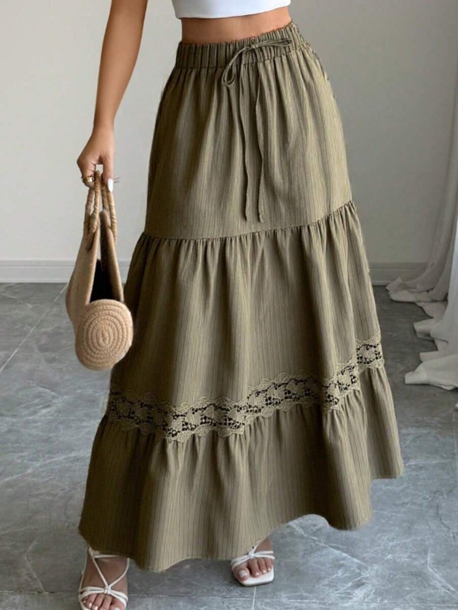 女士休闲A字法式蕾丝边抽绳腰白色长裙，适合夏季度假和春季穿着。 - 軍綠色 - 查看 1