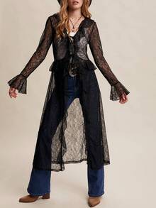 Women Lace Mesh Flowy Maxi Top Tie Front Cardigan Sheer Long Sleeve Ruffled Layering Shirt Cover Up - Black - View 2