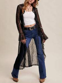 Women Lace Mesh Flowy Maxi Top Tie Front Cardigan Sheer Long Sleeve Ruffled Layering Shirt Cover Up - Black - View 3