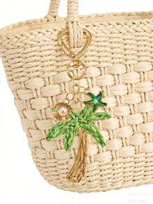 Handmade Grass Coconut Tree Pendant With Shell And Starfish Elements - Bohemian Vacation Style. Raffia Art Pendant, Ocean Alloy Pendant, Hawaiian Style. Suitable For Backpack, Wallet Decoration, Headphone Bag Accessories - Multicolor - View 7