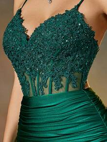 Vestido de noche formal con encaje verde oscuro, elegante vestido formal para cena, vestido de invitada de boda, adecuado para ceremonia de graduación, gala, vestido de dama de otoño/invierno - Verde Oscuro - Ver 4