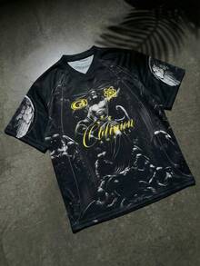 FRACTYR Men's Summer Casual Street Fashion Dark Foil Letter Graphic Double-Sided Design Loose Fit Printed Round Neck Short Sleeve T-Shirt - Black - View 4