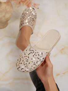 Sandal Selop Datar Berhiaskan Payet Terbaru untuk Musim Semi/Panas, Sandal Selop Modis Cocok untuk Dipakai di Dalam dan Luar Ruangan - Aprikot - View 4