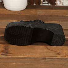 女士时尚镂空网面厚底凉鞋 - 夏季休闲高跟一脚蹬凉鞋 - 黑色 - 查看 7