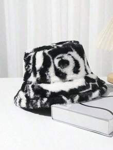 1pc Black & White Cartoon Printed Panda Tie Dye Thick Warm Plush Bucket Hat Autumn & Winter Vintage Fashionable Bucket Cap, Ear Street Men's Hat Summer Hat, Suitable Summer Outdoor Activities Such As Hiking And Fishing - Đen trắng - Xem 5
