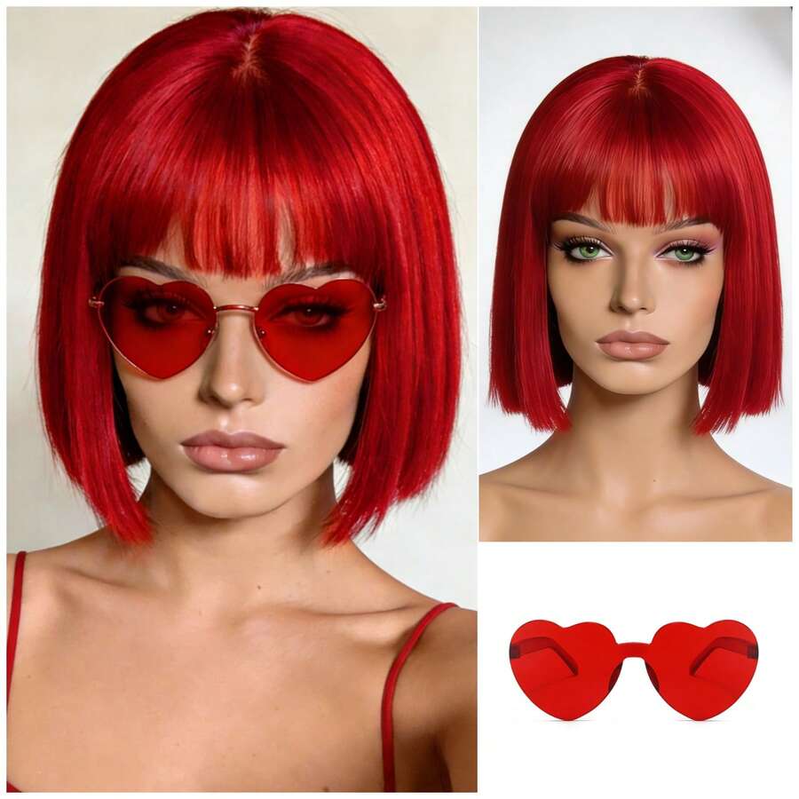 Cyberpunk Bob Wig & Glasses Set - 20+ Neon Colors With Adjustable Fringe | Multi-Tone Synthetic Hair For Cosplay, Rave, Halloween & Daily Bold Fashion (Hot Red/Lime Green/Orange/Light Pink/Plum Purple/Neon Blue/Neon Lilac/Golden Blonde/Black) - 紅色 - 查看 1