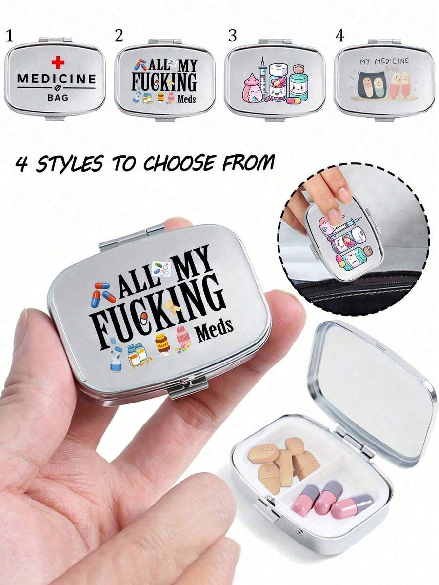 Square Pill Box With Capsule, Tablet, Letter, Bottle Patterns, Portable Medication Storage Compartment, Mini Metal Storage Box, Compact Jewelry And Pill Box, Travel Pill Case, Large Capacity Compartments, Weekly Medication Organizer, Suitable For Daily Medications And Vitamins, Essential For Doctors And Nurses, Emergency Needs, Travel, Hiking First Aid, Creative Gift With Cartoon Logo
