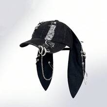 1 chiếc mũ lưỡi trai nữ kiểu Y2K tai thỏ rách rưới, mũ snapback phong cách đường phố hip hop độc đáo. - mũ thỏ - Xem 1