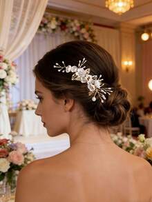 1pc Light Pink Flower & Pearl Handmade Hair Comb Accessory For Women - White - View 2
