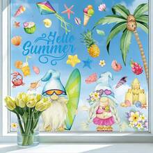 1 Set Of 2 Large Summer Theme Beach Gnome Window Clings, Includes Coconut Tree, Pineapple, Watermelon, Surfboard, Beach Ball Patterns, Removable Static Cling For Bedroom, Living Room, Balcony And Display Window Decoration - Surf - View 8