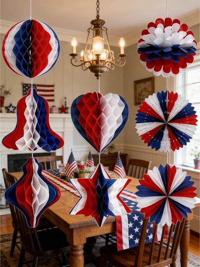 7pcs Independence Day Party Decorations, 3D Red White Blue Paper Honeycomb Balls & Hanging Flower Balls
