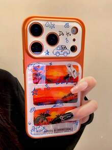 橙色日落棕榈树图案手机壳，适用于 17 Pro Max、16、15 Pro，防摔保护壳，创意情侣设计，高端质感 - 橘色 - 查看 4