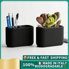 ORIZZONTE 2er-Set Schreibtisch-Organizer mit Stifthalter und Blumentopf – Modernes, minimalistisches Design mit vertikaler Streifenstruktur – Vielseitiger Behälter für Büro, Zuhause und Dekoration – 100 % Made in Italy, Versand aus Italien - Schwarz - Übersicht 2