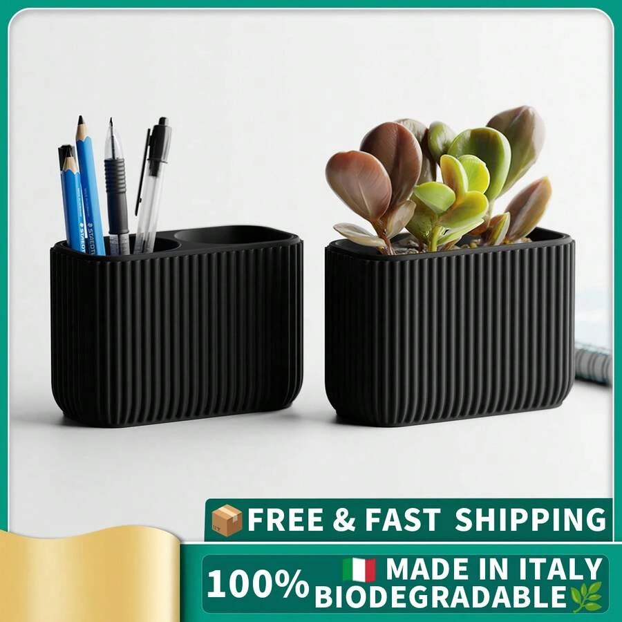 ORIZZONTE 2er-Set Schreibtisch-Organizer mit Stifthalter und Blumentopf – Modernes, minimalistisches Design mit vertikaler Streifenstruktur – Vielseitiger Behälter für Büro, Zuhause und Dekoration – 100 % Made in Italy, Versand aus Italien