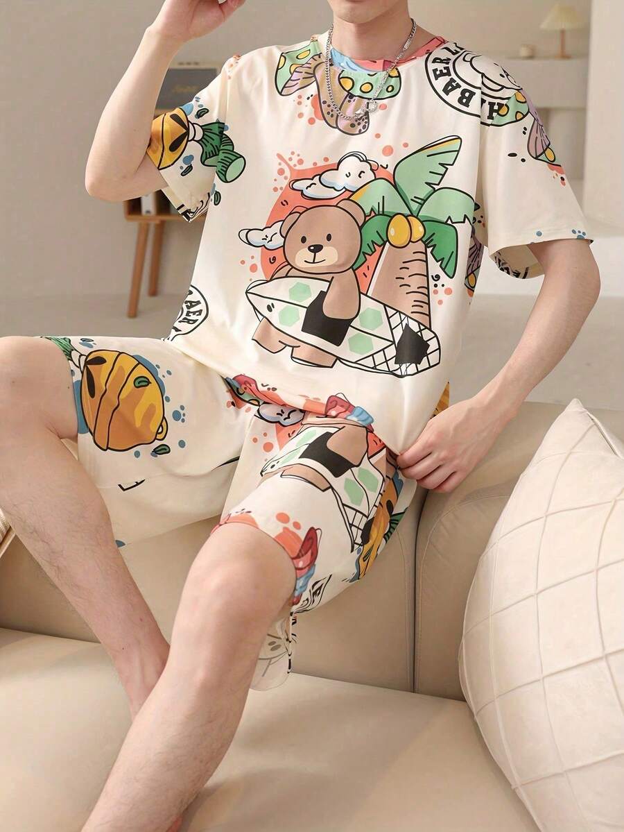 2 件套男士时尚睡衣套装,休闲短袖舒适睡衣,轻便夏季 - 杏色 - 查看 1