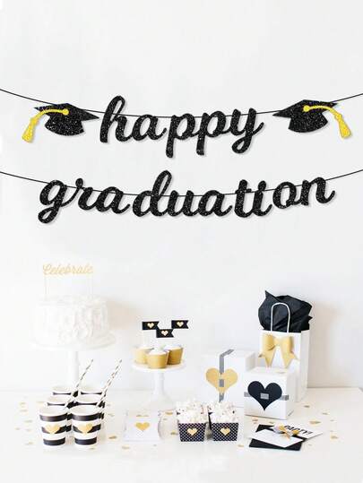 1 tấm phông nền/cờ trang trí tiệc tốt nghiệp màu đen lấp lánh với dòng chữ "Chúc mừng tốt nghiệp"