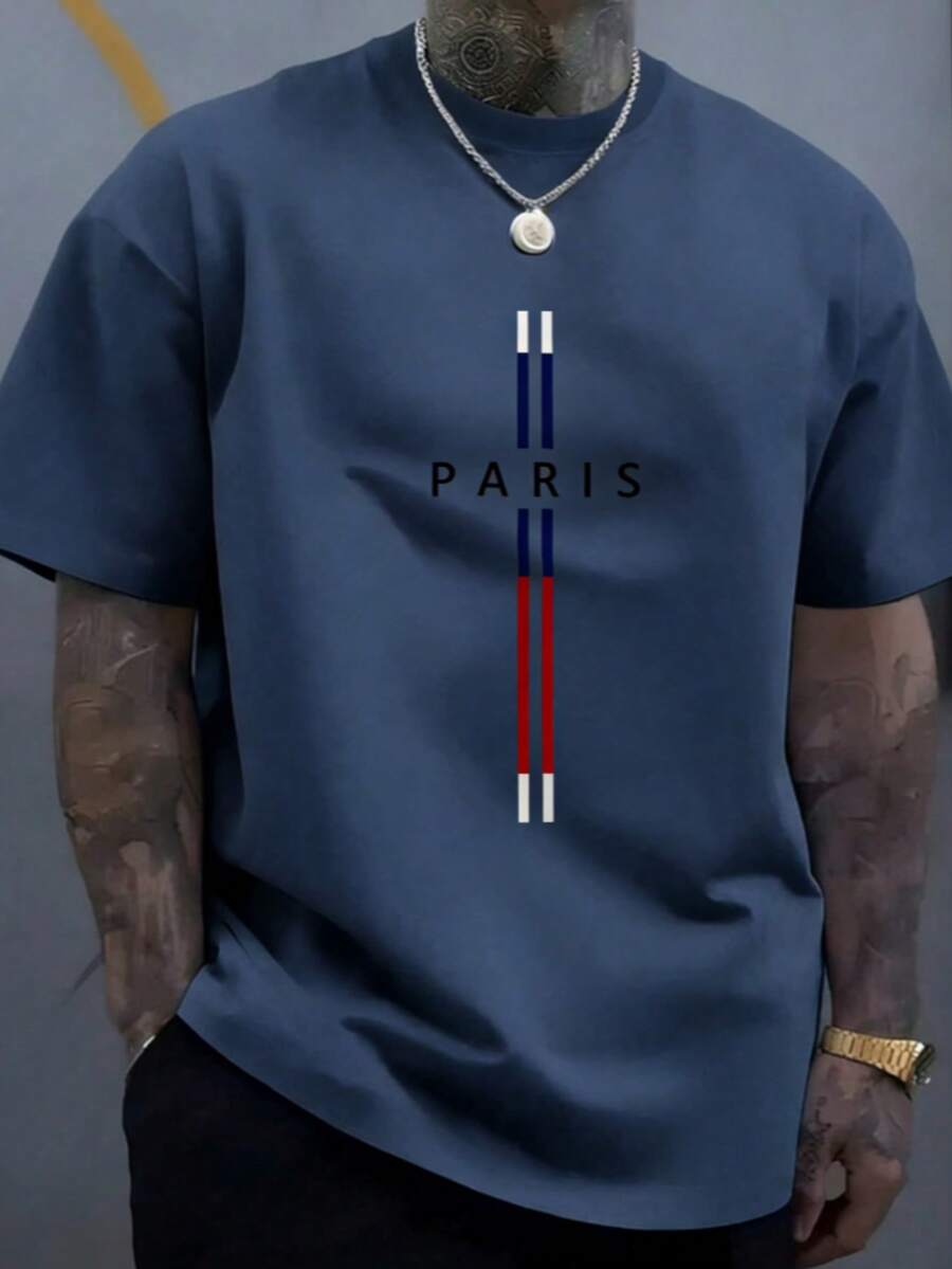 Men's Cotton Casual T-Shirt, Paris Graphic Design, Men's Classic Crew Neck T-Shirt - Soft Cotton Daily Wear - 藏蓝色 - 查看 1