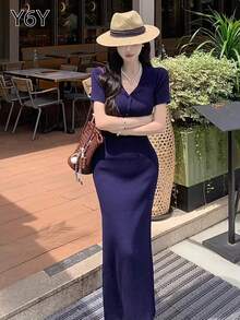 [Y6Y] Đầm ôm sát cổ polo cài nút, đầm midi dáng ôm eo thanh lịch cổ điển dành cho nữ, mùa xuân/hè - Màu xanh hải quân - Xem 9