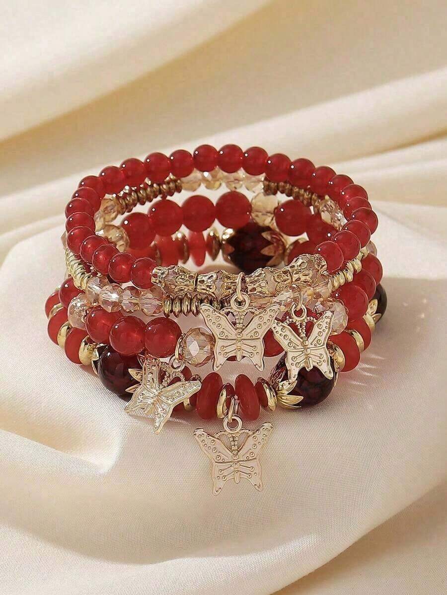 4pcs Bohemian Handmade Glass Beaded Bracelet Set With Flower Bead & Butterfly Pendant For Women, Elastic - Red - View 1