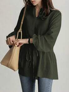 Plus Size Women V-Neck Drawstring Waist Casual Blouse, Loose Fit Long Sleeve Tie Front Shirt For Commute/Daily Wear - Army Green - View 3