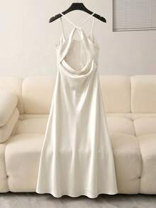 Vestido de sirena de satén blanco con tirantes finos, vestido de noche elegante con cuello drapeado, vestido de fiesta de verano minimalista y romántico - Blanco - Ver 3