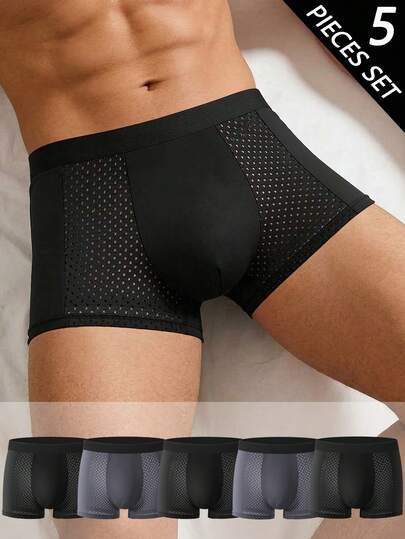 5pcs/Pack Men's Underwear, Mesh Lightweight Breathable Boxer Briefs, Comfortable Soft Sexy Mesh Boxers, Sports Ice Silk Underwear, Gift For Boyfriend