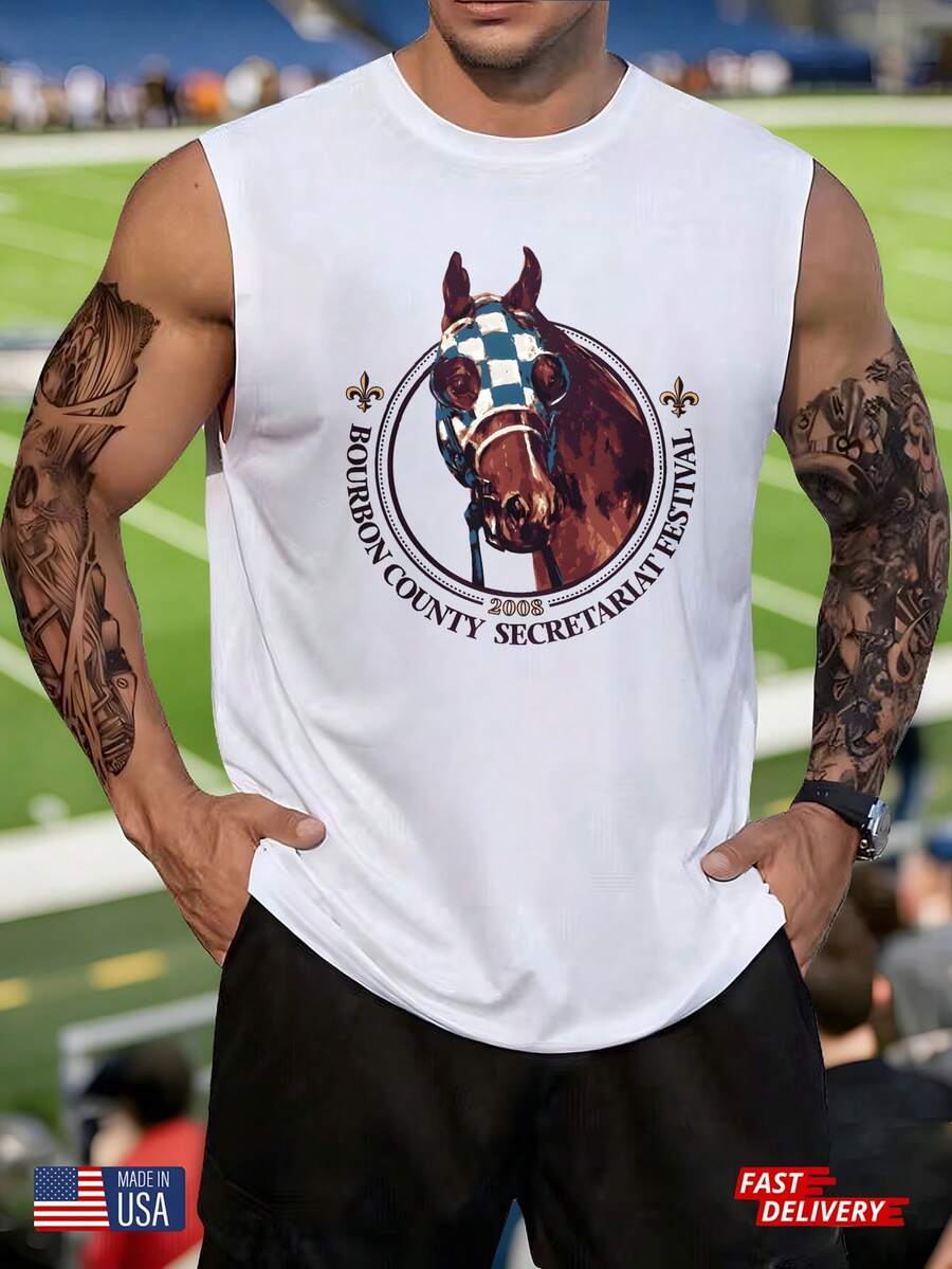 Men's Summer Streetwear Sleeveless T-Shirt Featuring Bourbon County Secretariat Festival 2008 Design With Horse Graphic And Checkered Mask Print For Casual Wear And Outdoor Events Made In Usa Fas - 白色 - 查看 1