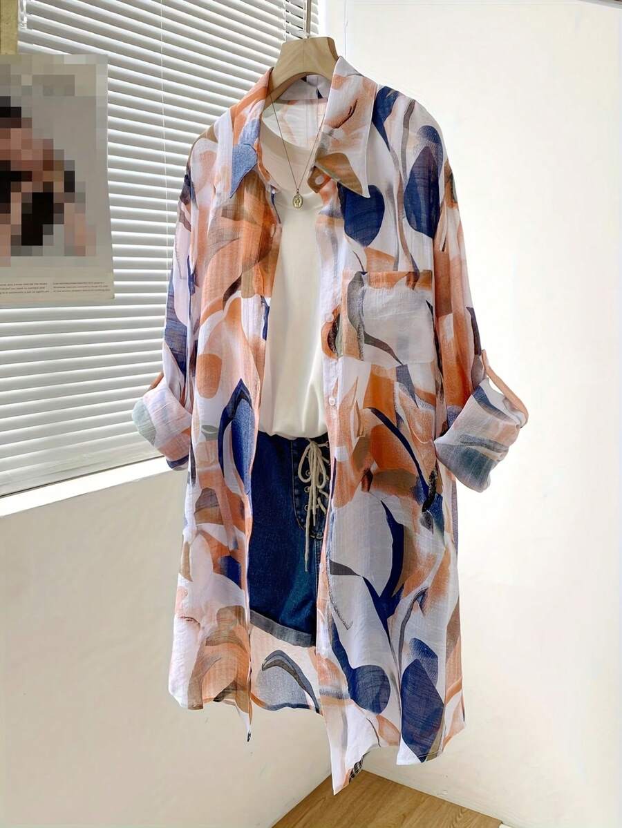 女士休闲长袖树叶印花衬衫,前襟纽扣开合,带口袋,袖子可卷起,翻领设计,适合秋、冬、春季度假穿着。 - 橘色 - 查看 1