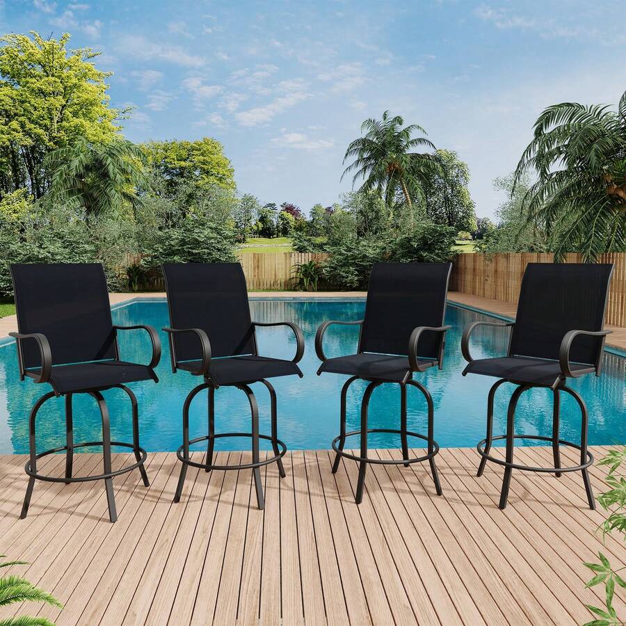 4 Piece Outdoor Swivel Bar Chairs, Patio High Swivel Bar Stools, All Weather High Back And Armrest Patio Chairs, Outdoor Rotating BarChair Counter Height For Deck Lawn Garden Backyard - màu đen - Xem 1