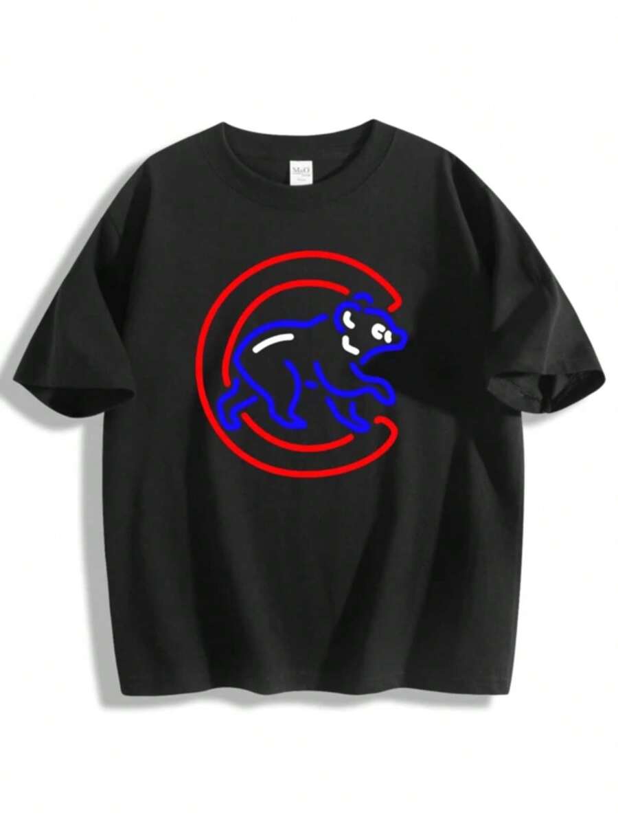 Graphic-Shirt Cotton Tees Size PlusCrew Neck Graphic Tee Men Casual Summer Basic Short Sleeve T Shirt Chicago Cubs Logo Blue Bear Red Circle Design Print Perfect For Baseball Fans Sports Events Game Day Outings And Everyday Wear ,Y2K,Oversized Shirt Men S-5XL,Summer Tops - 黑色 - 查看 1