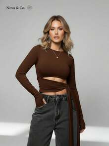 Women's Cropped Top In Spandex Fabric, Long Sleeves, Tie Waist, Draped Detail, Tummy Control, Fitted, Elegant, Brown - 咖啡棕色 - 查看 1