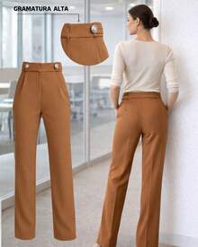 Women's Trousers/Tailored Trousers/Basic Trousers/Elegant Trousers/Skinny Trousers/Pocket/Zipper/Button - 淡焦糖 - 查看 2