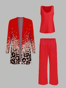 Plus Size Women's Fashionable Printed Elegant Tank Top & Pants & Coat 3 Pieces Set Red Summer - Red - View 3