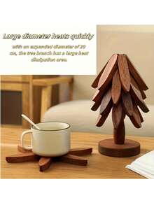 Salvamanteles con forma de árbol aislado, decoración opcional de hojas, estera de aislamiento de madera resistente al calor, salvamanteles resistente al calor, diseño de "árbol de Navidad" de madera, adecuado como soporte de ollas, posavasos y esterilla para hornear, diseño con forma de árbol, adecuado para vajilla resistente al calor - Multicolor - Ver 2