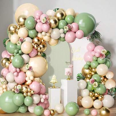 134Pcs Sage Green Pink Balloon Arch Kit,Olive Green Nude Sand White Gold Balloons Set For Bridal Shower Wedding Birthday Baby Shower Boho Party Decoration.