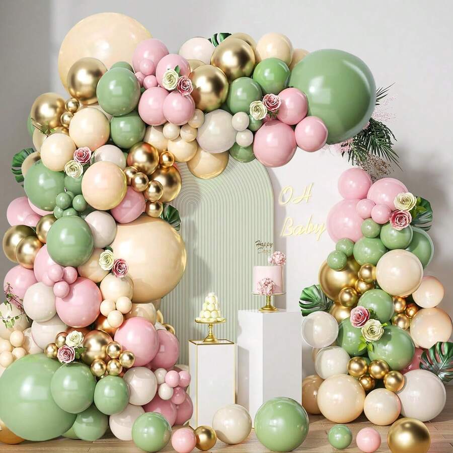 134Pcs Sage Green Pink Balloon Arch Kit,Olive Green Nude Sand White Gold Balloons Set For Bridal Shower Wedding Birthday Baby Shower Boho Party Decoration. - Multicolor - View 1