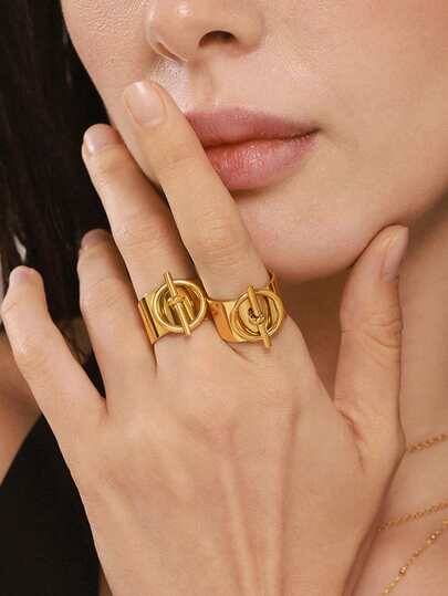 1pc 18K Gold Plated Stainless Steel Elegant Geometric Oval Line Design Ring, Luxury Chic Jewelry Gift Suitable For Women's Daily, Festival, Date, Shopping Wear