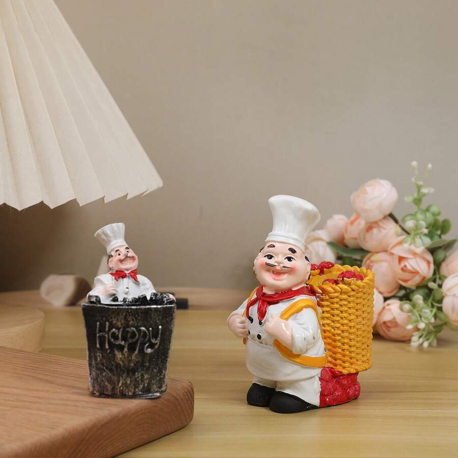 1pc Charming Chef Theme Toothpick Holder With Wooden Barrel - Resin, No Electricity Needed, Perfect For Home And Party Decor - Push Box - View 1