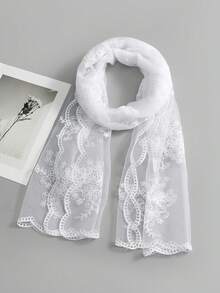 1pc Women's Solid Color Embroidered Floral Hijab Scarf, Contrast Color Floral Embroidery Elegant Fan-Shaped Embroidered Edge, Lightweight Breathable Soft Style, Multifunctional Headscarf, Suitable For Daily Use As Scarf, Waistband, Shawl, Wedding Veil - Multicolor Wavy Edge Embroidery - View 15