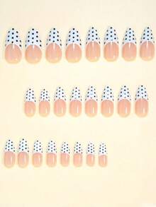Create Your New Nail Look With 24pcs Medium Almond Press-On Nails! Elegant Retro Cloud White Wide French Fashionable Polka Dot Design, Classic Daily Black And White Contrasting Polka Dot Pattern, Full Cover Fake Nails, Suitable For Women And Girls. Includes 1 Adhesive Tab And 1 Mini Gel Tab. Shipped Randomly. - White - View 2