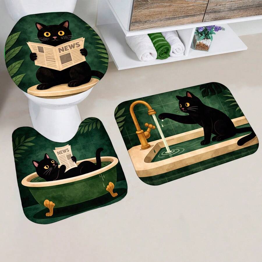 3-Piece Vintage Black Cat Print Non-Slip Bathroom Rug Set - Đã in - Xem 1