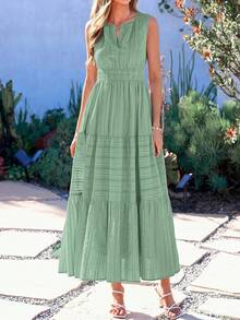 Women Summer Boho Sleeveless V Neck High Waist A-Line Flowy Long Maxi Dress Spring Holiday Hawaii Beach Vacation Party Sundress Outfits - 灰綠色 - 查看 5