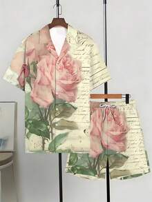 Men's Cuban Collar Shirt And Beach Pants Set With Watercolor Pink Rose Letter Print, Pocket Design, Woven Machine-Washable Quick-Dry Loose Fit, Suitable For Artistic Outings And Daily Casual Wear - 彩色 - 查看 2
